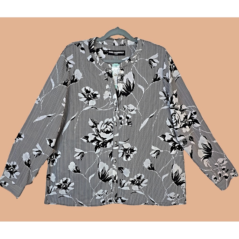 Karl Lagerfeld Paris Women's Floral Stripe Print Button Up Blouse Top Size L-XL